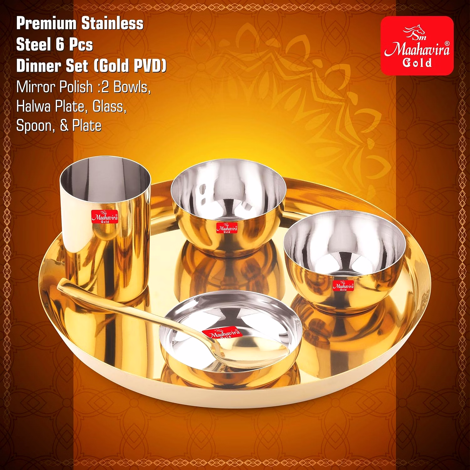 Maahavira Gold Premium Stainless Amrapali Steel Dinner Set, 6 Pieces, Gold PVD Plated, 28 cm Thali Plate with Bowls and Spoon image 4