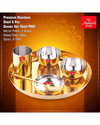 Maahavira Gold Premium Stainless Amrapali Steel Dinner Set, 6 Pieces, Gold PVD Plated, 28 cm Thali Plate with Bowls and Spoon-3