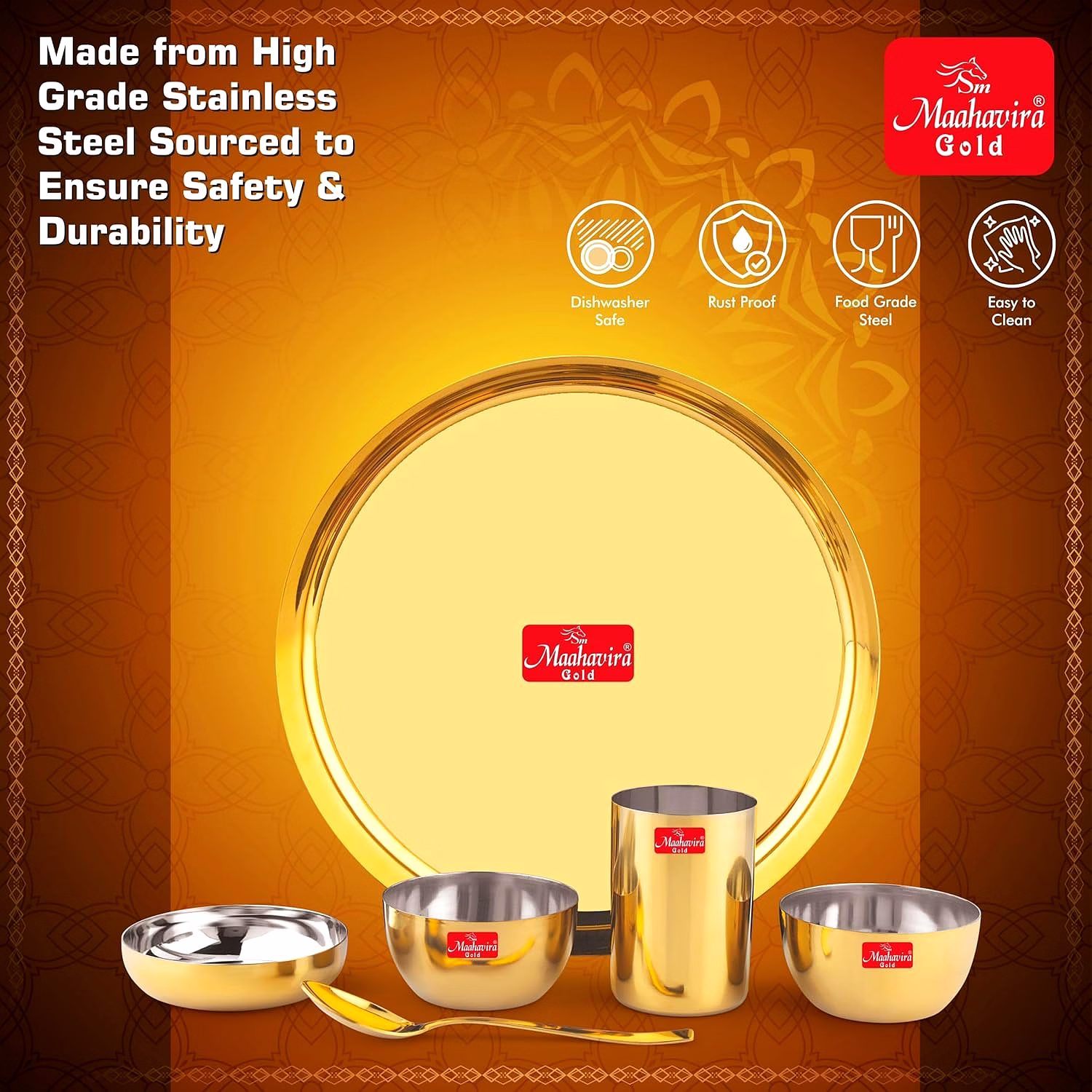 Maahavira Gold Premium Stainless Amrapali Steel Dinner Set, 6 Pieces, Gold PVD Plated, 28 cm Thali Plate with Bowls and Spoon image 5