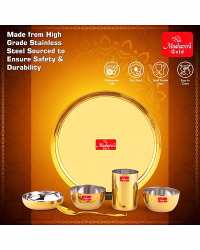 Maahavira Gold Premium Stainless Amrapali Steel Dinner Set, 6 Pieces, Gold PVD Plated, 28 cm Thali Plate with Bowls and Spoon-4