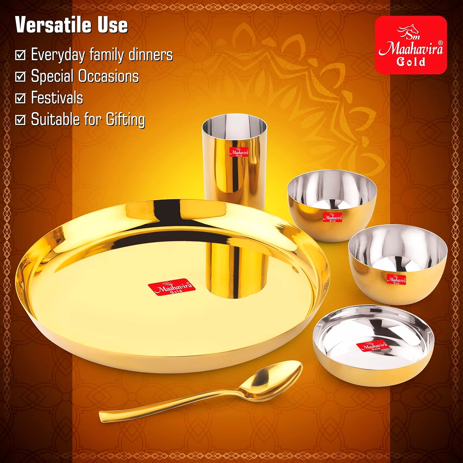 Maahavira Gold Premium Stainless Amrapali Steel Dinner Set, 6 Pieces, Gold PVD Plated, 28 cm Thali Plate with Bowls and Spoon image 6