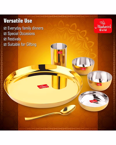Maahavira Gold Premium Stainless Amrapali Steel Dinner Set, 6 Pieces, Gold PVD Plated, 28 cm Thali Plate with Bowls and Spoon-5