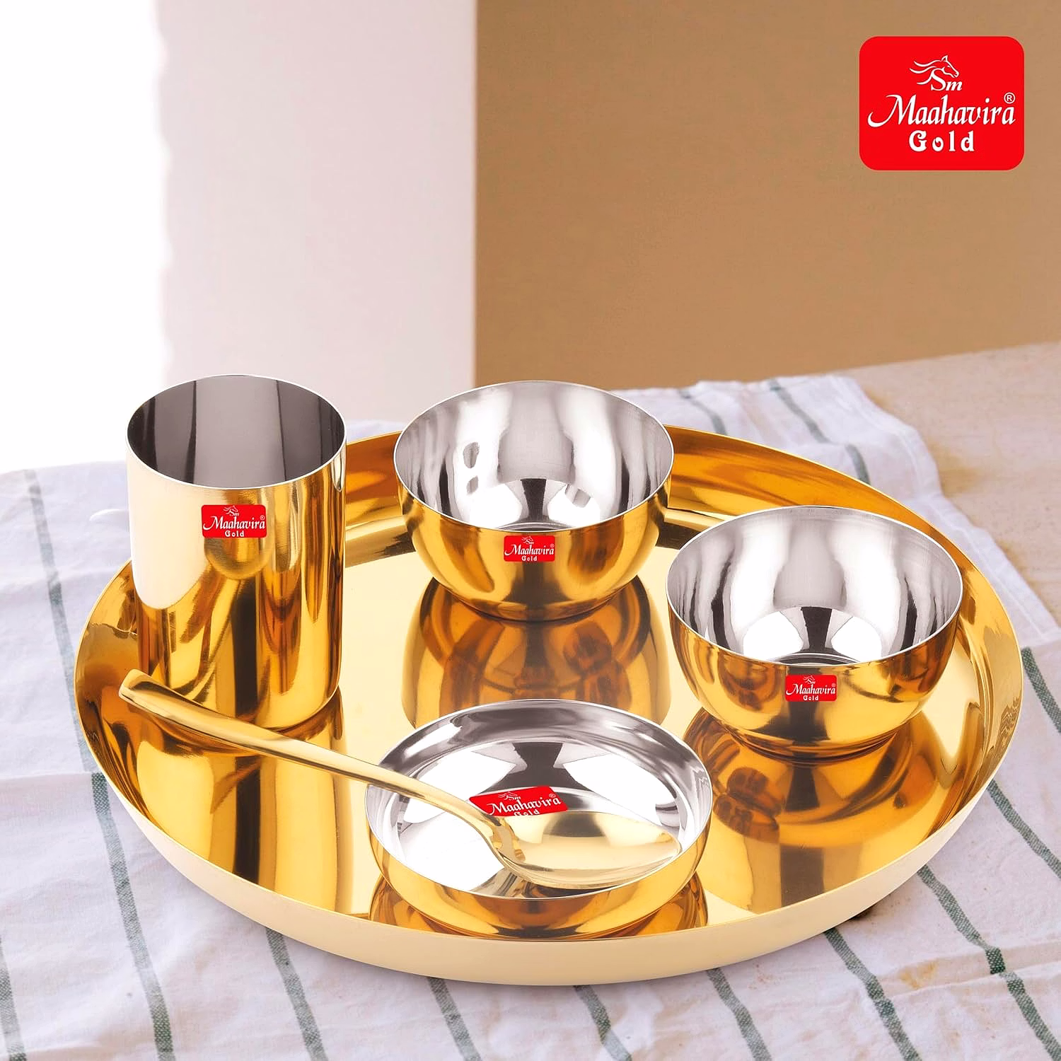 Maahavira Gold Premium Stainless Amrapali Steel Dinner Set, 6 Pieces, Gold PVD Plated, 28 cm Thali Plate with Bowls and Spoon image 7