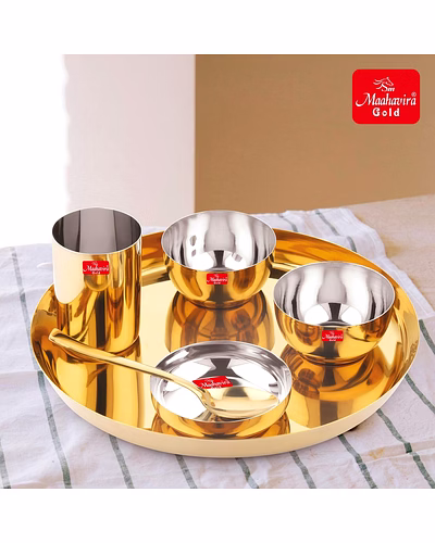 Maahavira Gold Premium Stainless Amrapali Steel Dinner Set, 6 Pieces, Gold PVD Plated, 28 cm Thali Plate with Bowls and Spoon-6