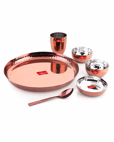 Maahavira Gold Premium Stainless Steel Dinner Set, 6 Pieces, Rose Gold PVD, 29.5 cm Thali Plate with Bowls and Spoon-MG-SS-DINNER-6P-RG
