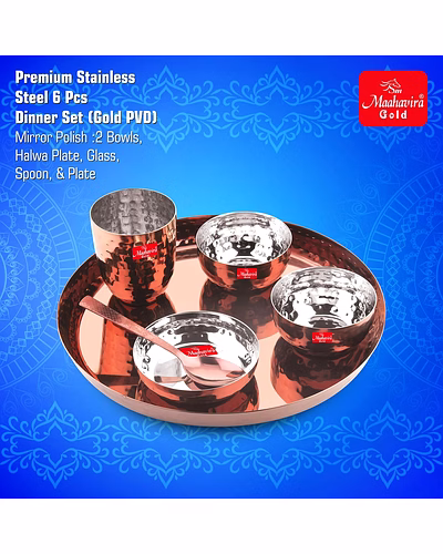 Maahavira Gold Premium Stainless Steel Dinner Set, 6 Pieces, Rose Gold PVD, 29.5 cm Thali Plate with Bowls and Spoon-3