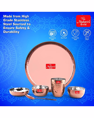 Maahavira Gold Premium Stainless Steel Dinner Set, 6 Pieces, Rose Gold PVD, 29.5 cm Thali Plate with Bowls and Spoon-4