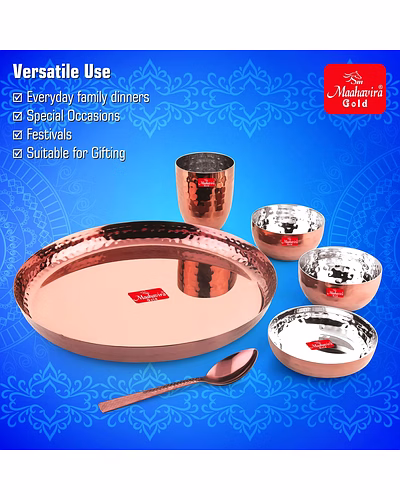 Maahavira Gold Premium Stainless Steel Dinner Set, 6 Pieces, Rose Gold PVD, 29.5 cm Thali Plate with Bowls and Spoon-5