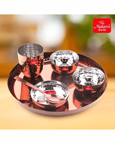 Maahavira Gold Premium Stainless Steel Dinner Set, 6 Pieces, Rose Gold PVD, 29.5 cm Thali Plate with Bowls and Spoon-6