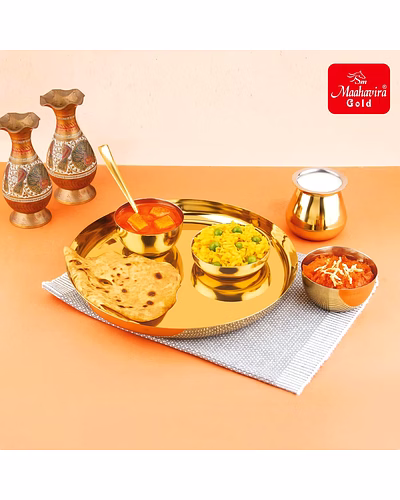 Maahavira Gold Premium Stainless Steel Thali Set, 6 Pieces, Gold PVD Finish, 28 cm Plate with Bowls and Loti-1