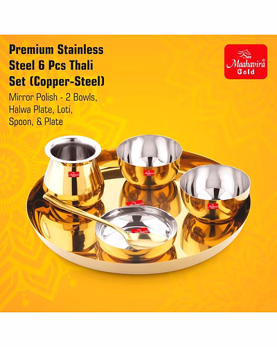 Maahavira Gold Premium Stainless Steel Thali Set, 6 Pieces, Gold PVD Finish, 28 cm Plate with Bowls and Loti-2