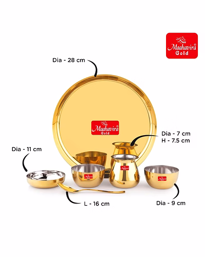 Maahavira Gold Premium Stainless Steel Thali Set, 6 Pieces, Gold PVD Finish, 28 cm Plate with Bowls and Loti-3