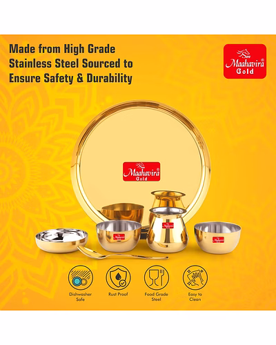 Maahavira Gold Premium Stainless Steel Thali Set, 6 Pieces, Gold PVD Finish, 28 cm Plate with Bowls and Loti-4