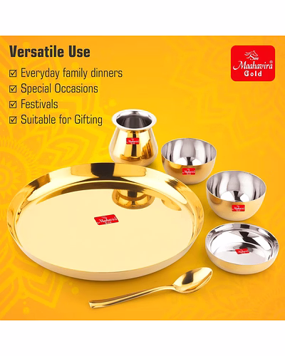 Maahavira Gold Premium Stainless Steel Thali Set, 6 Pieces, Gold PVD Finish, 28 cm Plate with Bowls and Loti-5