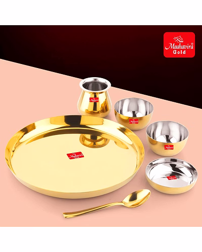 Maahavira Gold Premium Stainless Steel Thali Set, 6 Pieces, Gold PVD Finish, 28 cm Plate with Bowls and Loti-6