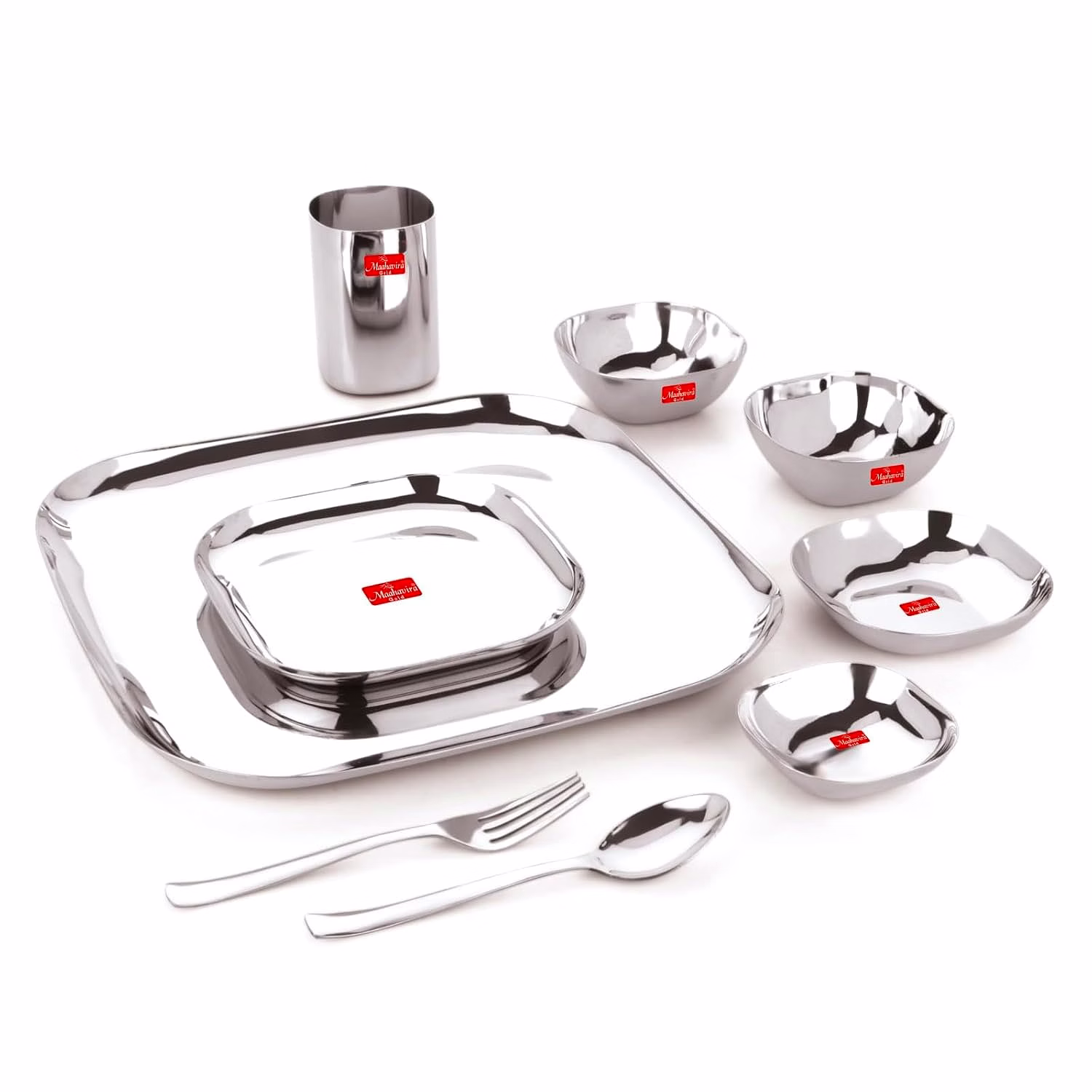 maahavira gold square stainless steel silver mirror polish dinnerware set with 1 full plate, 1 quarter plate, 2 sweet dish, 2 bowls, 1 glass, 1 spoon & 1 fork - set of 9