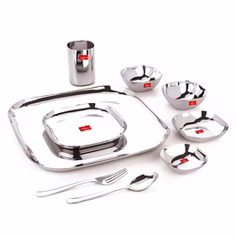 maahavira gold square stainless steel silver mirror polish dinnerware set with 1 full plate, 1 quarter plate, 2 sweet dish, 2 bowls, 1 glass, 1 spoon & 1 fork - set of 9