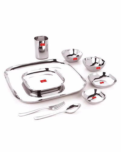 Maahavira Gold Square Stainless Steel Silver Mirror Polish Dinnerware Set with 1 Full Plate, 1 Quarter Plate, 2 Sweet Dish, 2 Bowls, 1 Glass, 1 Spoon &amp; 1 Fork - Set of 9-SJMT-SQR-DNR-9p