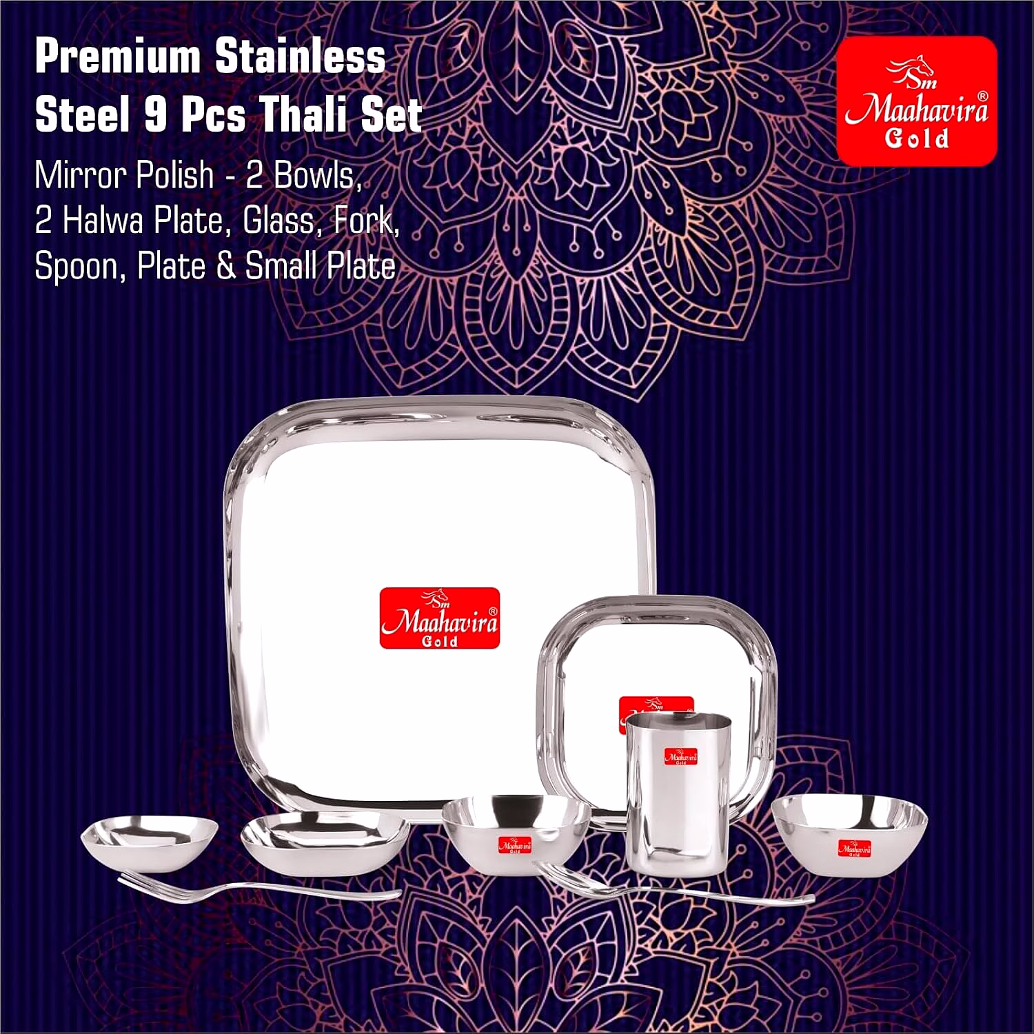 Maahavira Gold Square Stainless Steel Silver Mirror Polish Dinnerware Set with 1 Full Plate, 1 Quarter Plate, 2 Sweet Dish, 2 Bowls, 1 Glass, 1 Spoon & 1 Fork - Set of 9 image 2