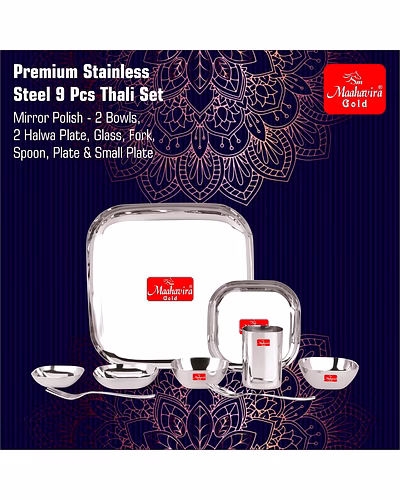 Maahavira Gold Square Stainless Steel Silver Mirror Polish Dinnerware Set with 1 Full Plate, 1 Quarter Plate, 2 Sweet Dish, 2 Bowls, 1 Glass, 1 Spoon &amp; 1 Fork - Set of 9-1