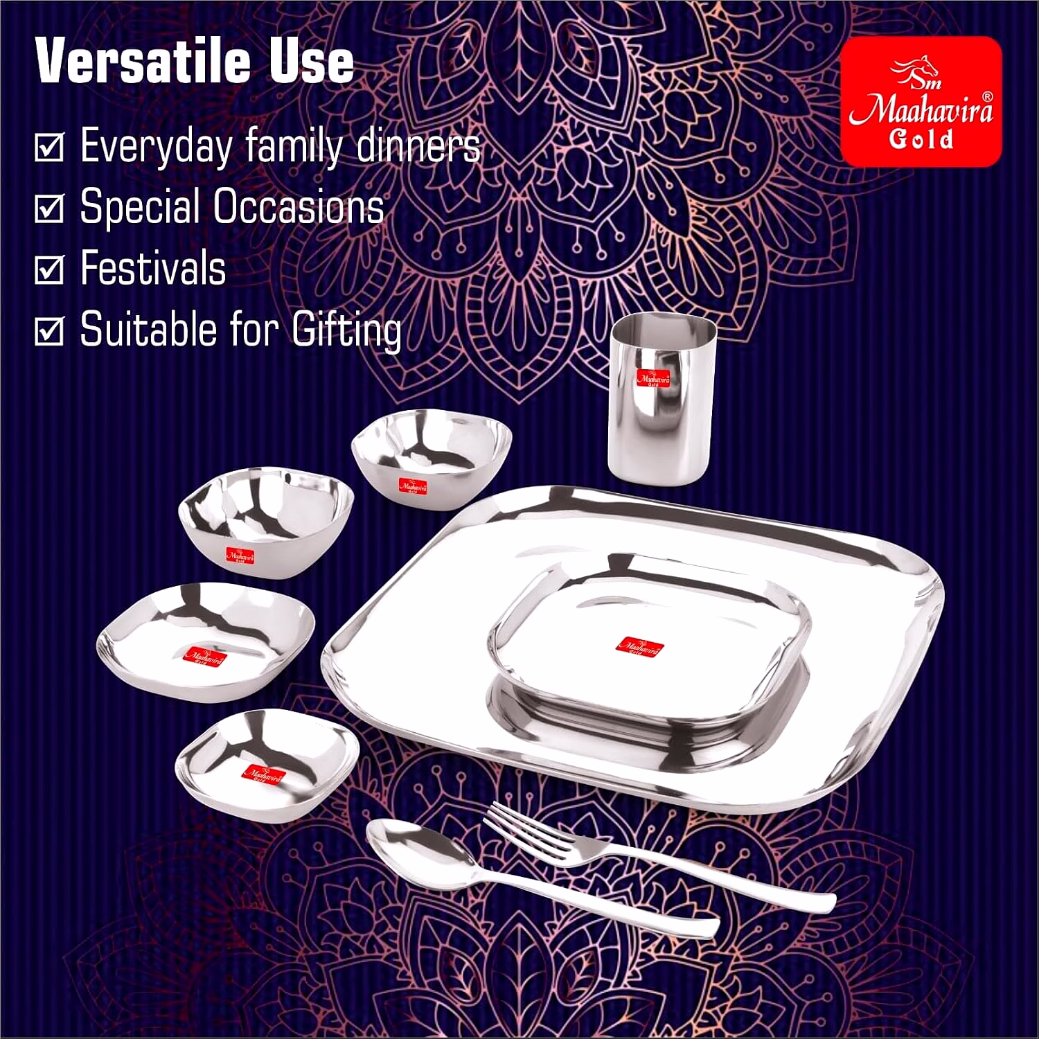 Maahavira Gold Square Stainless Steel Silver Mirror Polish Dinnerware Set with 1 Full Plate, 1 Quarter Plate, 2 Sweet Dish, 2 Bowls, 1 Glass, 1 Spoon & 1 Fork - Set of 9 image 4