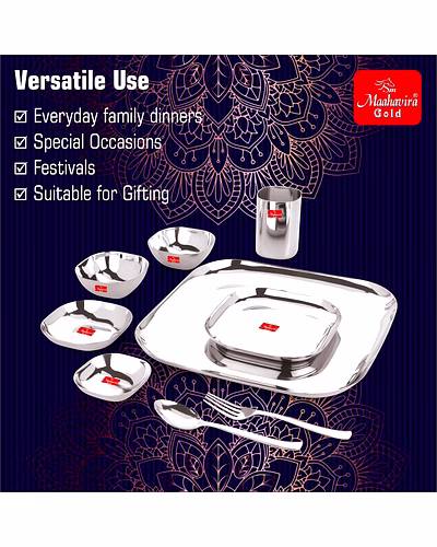 Maahavira Gold Square Stainless Steel Silver Mirror Polish Dinnerware Set with 1 Full Plate, 1 Quarter Plate, 2 Sweet Dish, 2 Bowls, 1 Glass, 1 Spoon &amp; 1 Fork - Set of 9-3