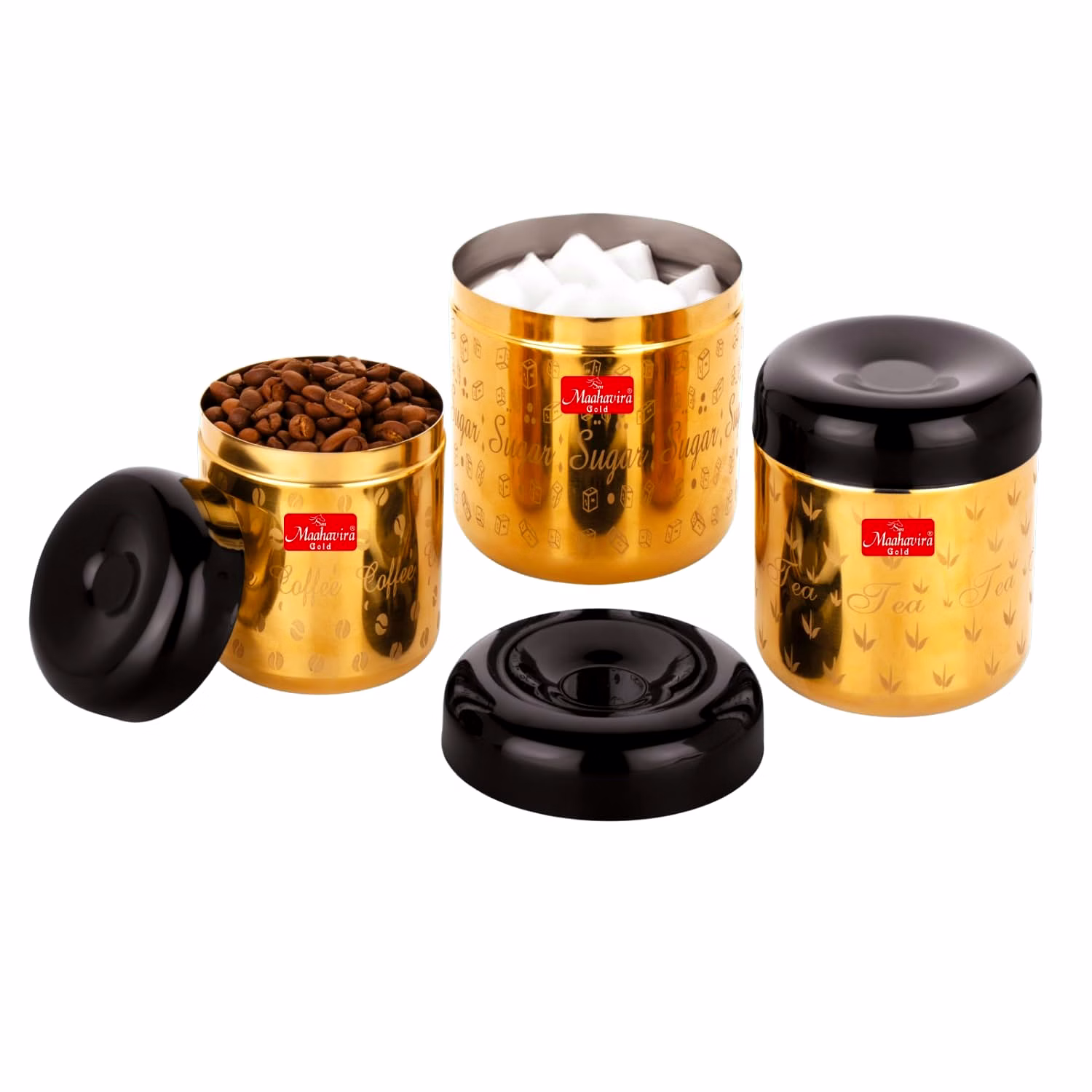 maahavira gold apple stainless steel laser printed tcs gold pvd containers with air tight lid use for dry fruits, chocolates, biscuits, tea, sugar & coffee set of 3