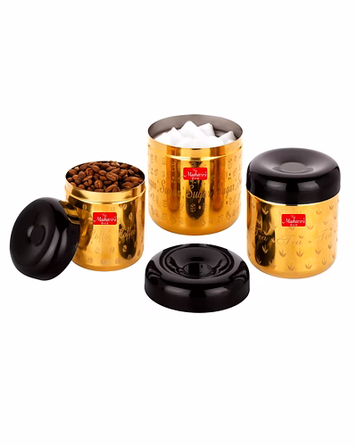 Maahavira Gold Apple Stainless Steel Laser Printed TCS Gold PVD Containers with Air Tight Lid Use for Dry fruits, Chocolates, Biscuits, Tea, Sugar &amp; Coffee Set of 3-SJMT-Sober-PVD-Set3