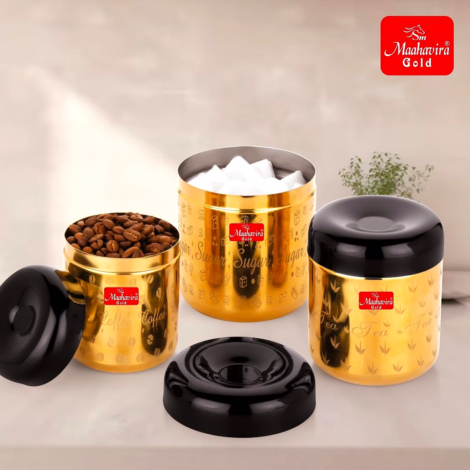 Maahavira Gold Apple Stainless Steel Laser Printed TCS Gold PVD Containers with Air Tight Lid Use for Dry fruits, Chocolates, Biscuits, Tea, Sugar & Coffee Set of 3 image 2