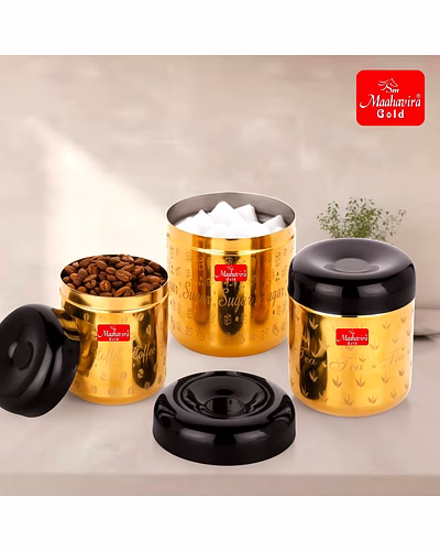 Maahavira Gold Apple Stainless Steel Laser Printed TCS Gold PVD Containers with Air Tight Lid Use for Dry fruits, Chocolates, Biscuits, Tea, Sugar &amp; Coffee Set of 3-1