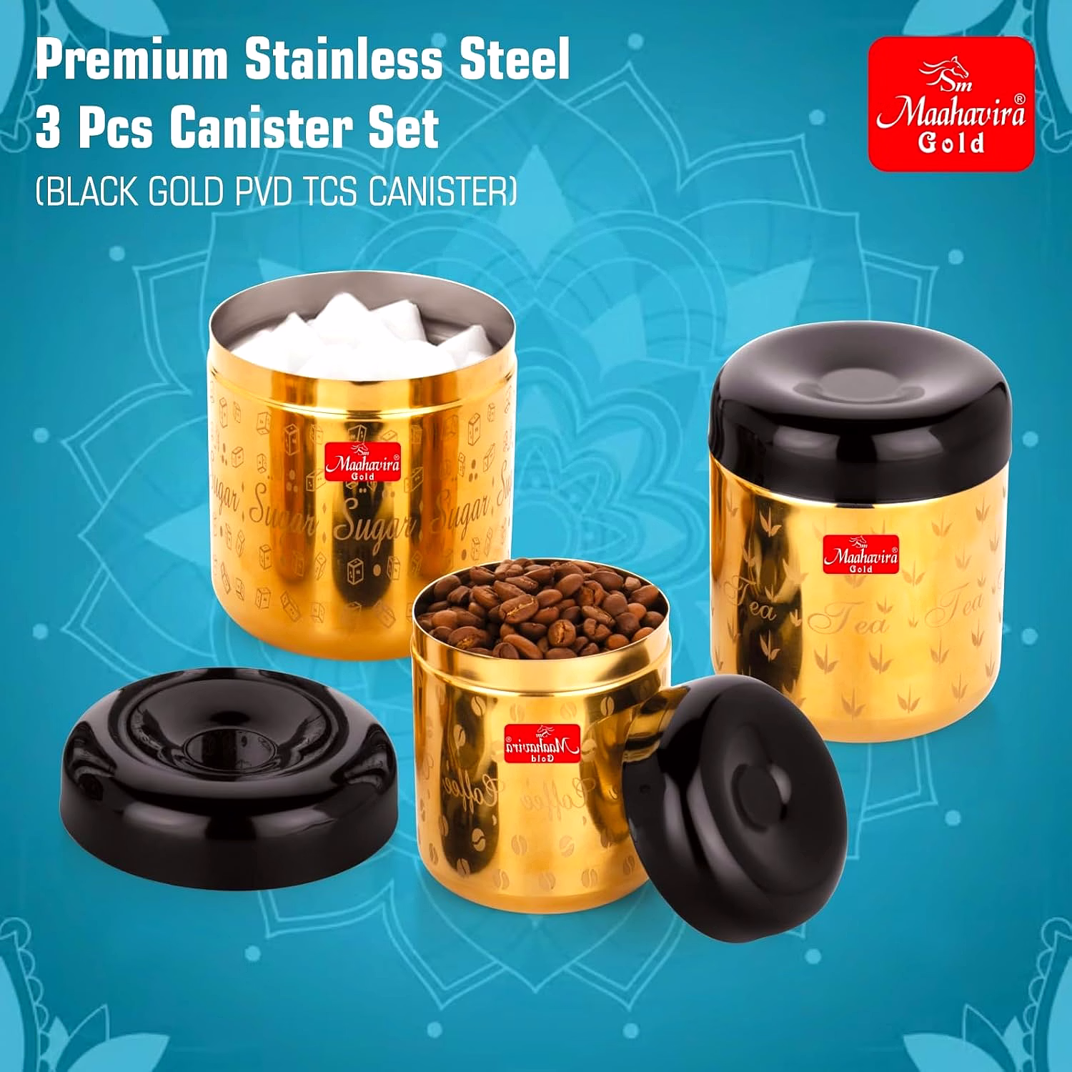 Maahavira Gold Apple Stainless Steel Laser Printed TCS Gold PVD Containers with Air Tight Lid Use for Dry fruits, Chocolates, Biscuits, Tea, Sugar & Coffee Set of 3 image 3