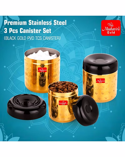 Maahavira Gold Apple Stainless Steel Laser Printed TCS Gold PVD Containers with Air Tight Lid Use for Dry fruits, Chocolates, Biscuits, Tea, Sugar &amp; Coffee Set of 3-2