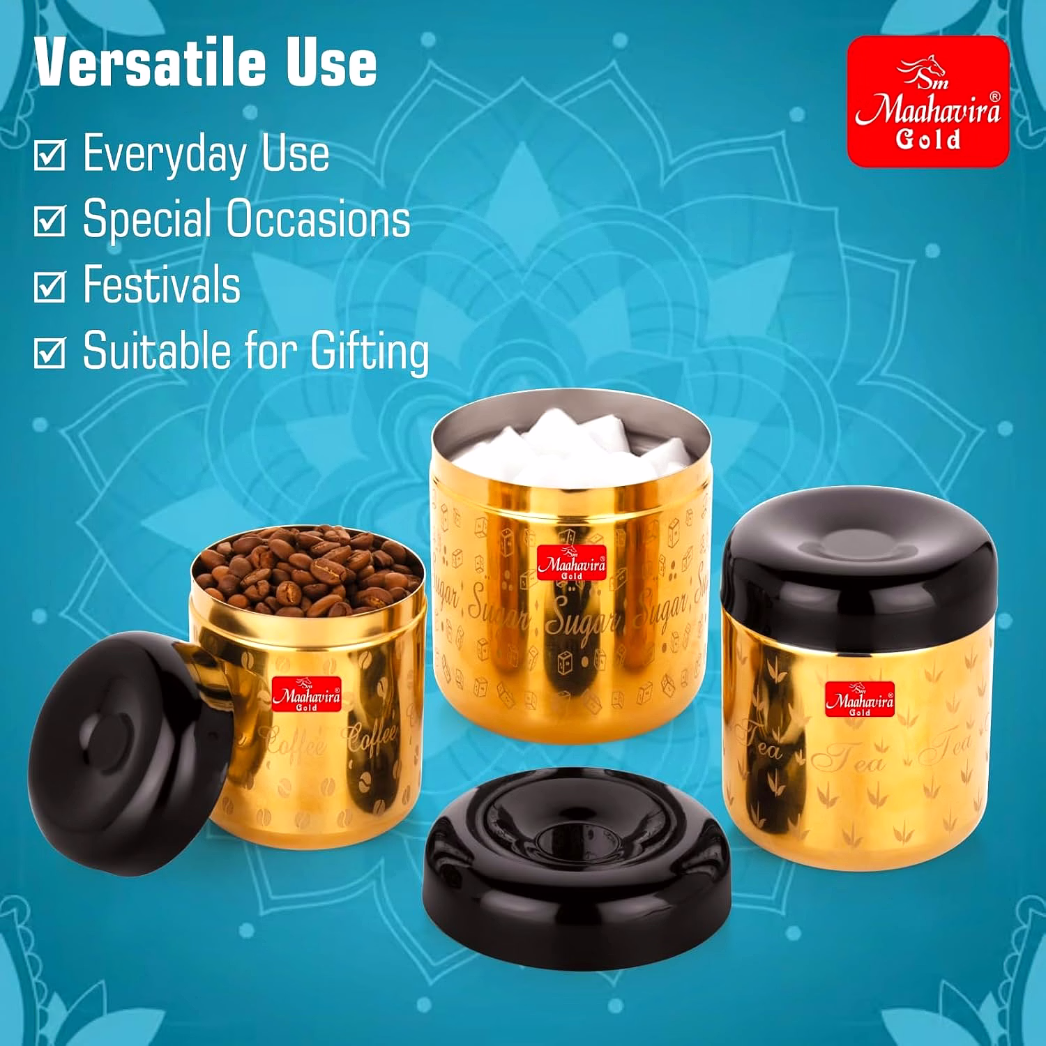 Maahavira Gold Apple Stainless Steel Laser Printed TCS Gold PVD Containers with Air Tight Lid Use for Dry fruits, Chocolates, Biscuits, Tea, Sugar & Coffee Set of 3 image 4
