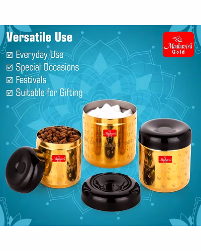 Maahavira Gold Apple Stainless Steel Laser Printed TCS Gold PVD Containers with Air Tight Lid Use for Dry fruits, Chocolates, Biscuits, Tea, Sugar &amp; Coffee Set of 3-3