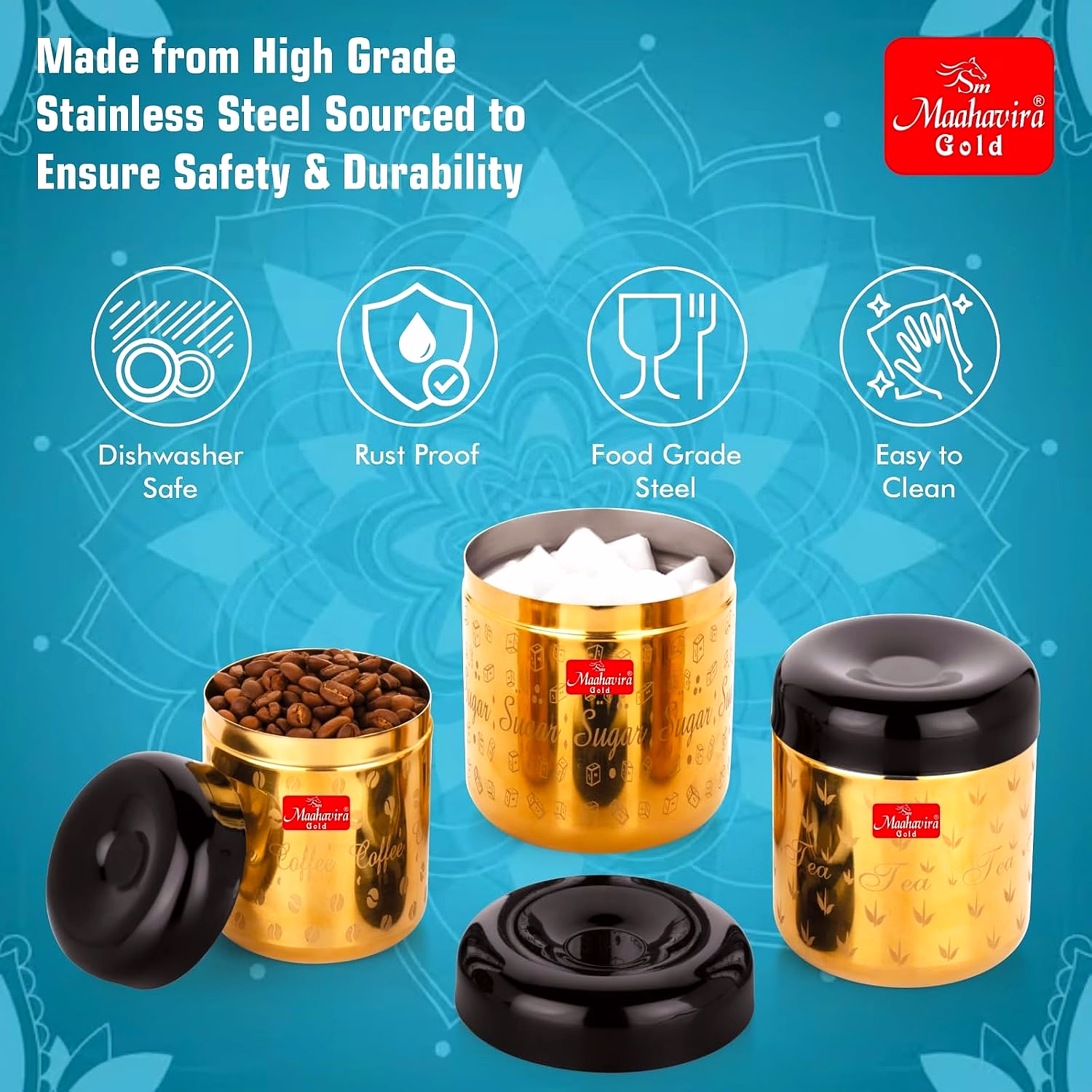 Maahavira Gold Apple Stainless Steel Laser Printed TCS Gold PVD Containers with Air Tight Lid Use for Dry fruits, Chocolates, Biscuits, Tea, Sugar & Coffee Set of 3 image 5