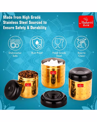 Maahavira Gold Apple Stainless Steel Laser Printed TCS Gold PVD Containers with Air Tight Lid Use for Dry fruits, Chocolates, Biscuits, Tea, Sugar &amp; Coffee Set of 3-4