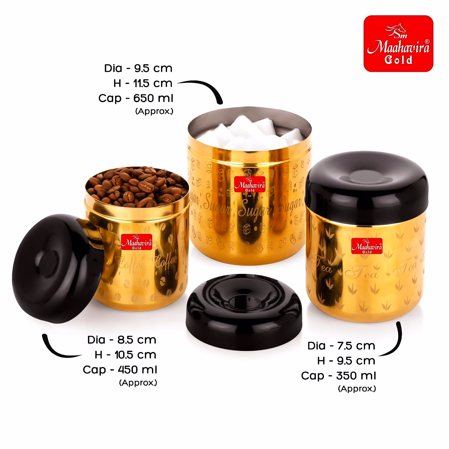 Maahavira Gold Apple Stainless Steel Laser Printed TCS Gold PVD Containers with Air Tight Lid Use for Dry fruits, Chocolates, Biscuits, Tea, Sugar & Coffee Set of 3 image 6