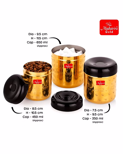 Maahavira Gold Apple Stainless Steel Laser Printed TCS Gold PVD Containers with Air Tight Lid Use for Dry fruits, Chocolates, Biscuits, Tea, Sugar &amp; Coffee Set of 3-5