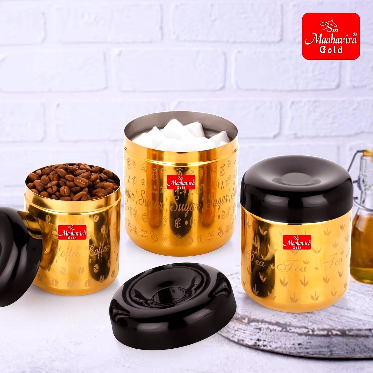 Maahavira Gold Apple Stainless Steel Laser Printed TCS Gold PVD Containers with Air Tight Lid Use for Dry fruits, Chocolates, Biscuits, Tea, Sugar & Coffee Set of 3 image 7