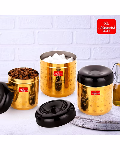 Maahavira Gold Apple Stainless Steel Laser Printed TCS Gold PVD Containers with Air Tight Lid Use for Dry fruits, Chocolates, Biscuits, Tea, Sugar &amp; Coffee Set of 3-6