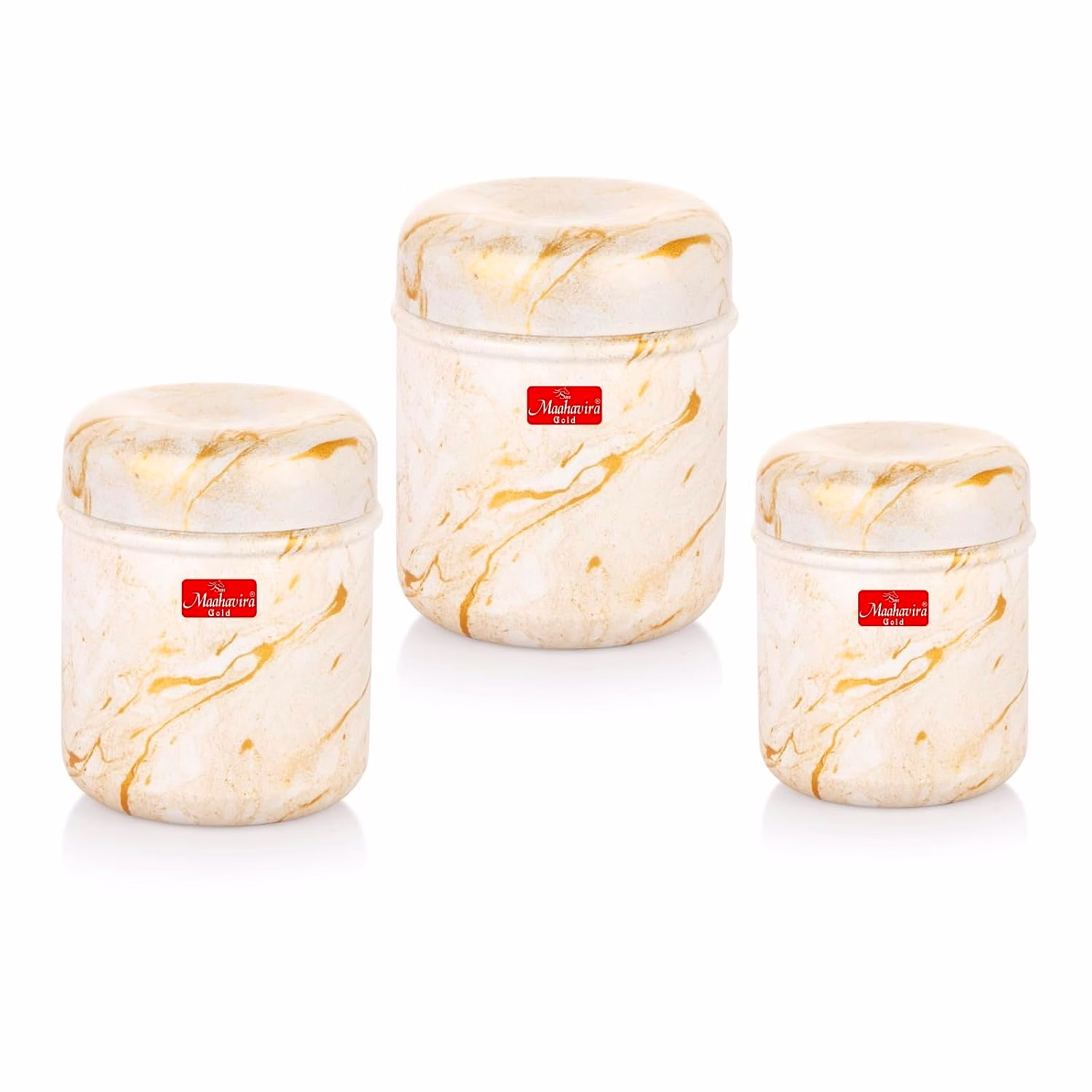 maahavira gold 3d prisma color coated stainless steel design containers with air tight lid use for dry fruits, chocolates, biscuits, tea, sugar & coffee, set of 3 - white cream