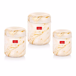 maahavira gold 3d prisma color coated stainless steel design containers with air tight lid use for dry fruits, chocolates, biscuits, tea, sugar & coffee, set of 3 - white cream