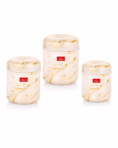 Maahavira Gold 3D Prisma Color Coated Stainless Steel Design Containers with Air Tight Lid Use for Dry fruits, Chocolates, Biscuits, Tea, Sugar &amp; Coffee, Set of 3 - White Cream-SJMT-3D-WC-CT-Set3