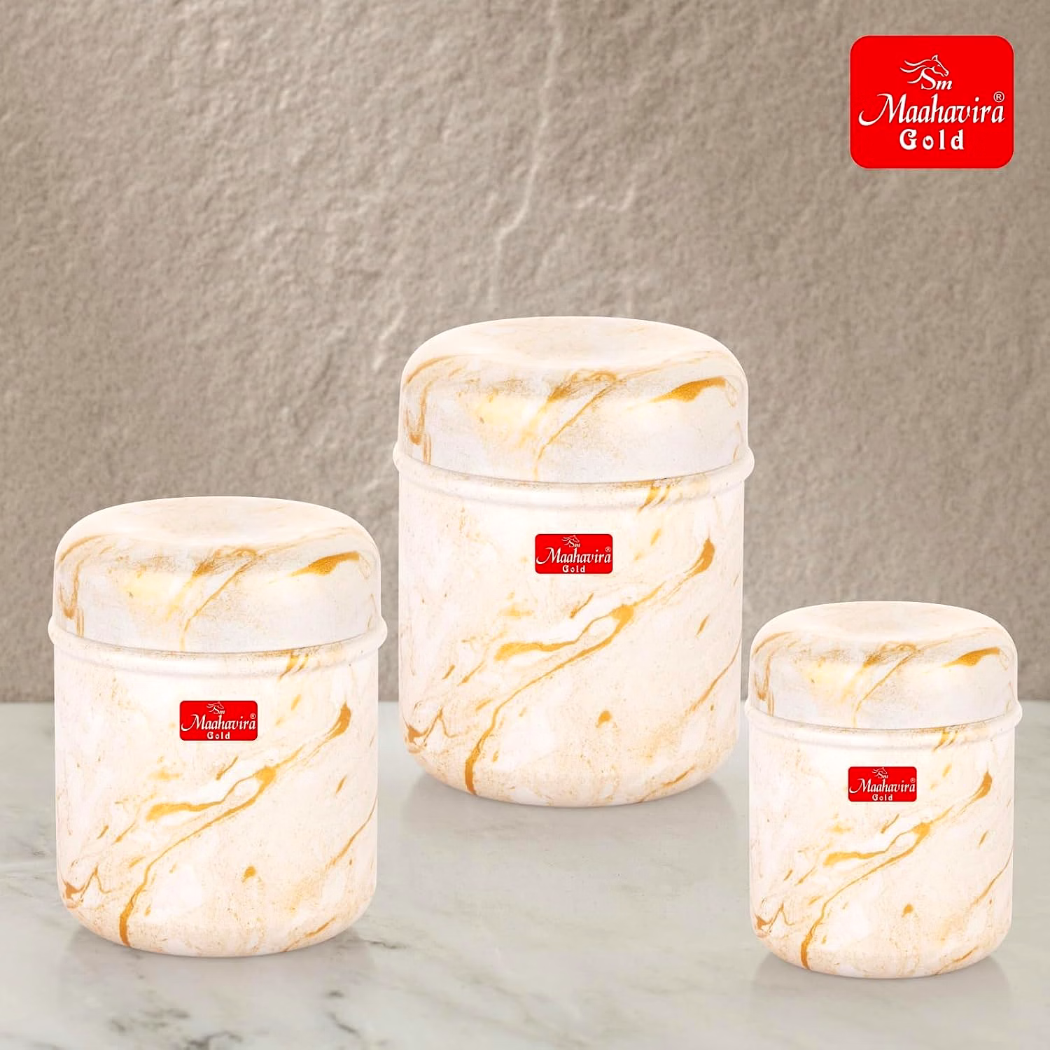 Maahavira Gold 3D Prisma Color Coated Stainless Steel Design Containers with Air Tight Lid Use for Dry fruits, Chocolates, Biscuits, Tea, Sugar & Coffee, Set of 3 - White Cream image 2