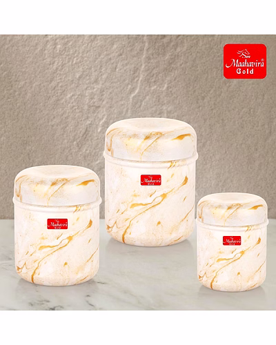 Maahavira Gold 3D Prisma Color Coated Stainless Steel Design Containers with Air Tight Lid Use for Dry fruits, Chocolates, Biscuits, Tea, Sugar &amp; Coffee, Set of 3 - White Cream-1