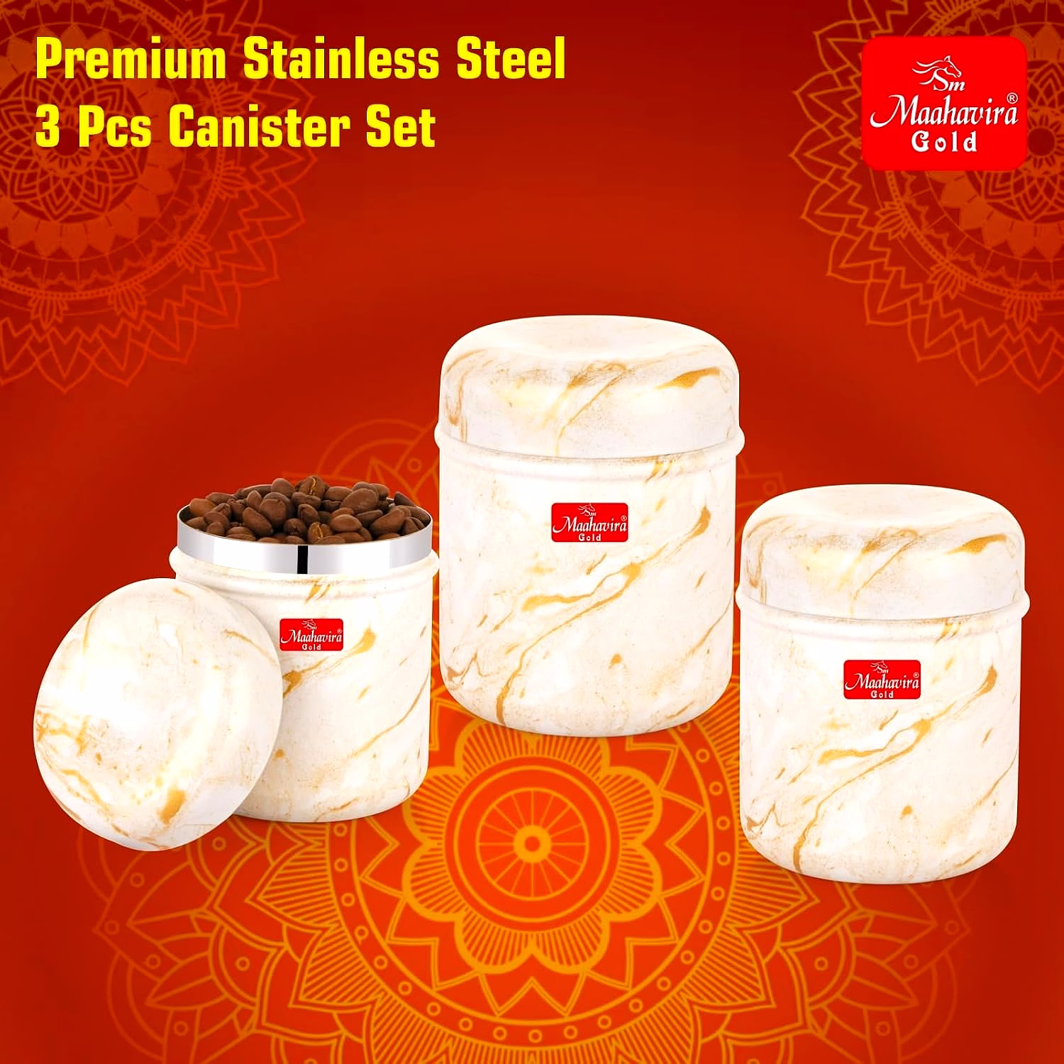 Maahavira Gold 3D Prisma Color Coated Stainless Steel Design Containers with Air Tight Lid Use for Dry fruits, Chocolates, Biscuits, Tea, Sugar & Coffee, Set of 3 - White Cream image 3