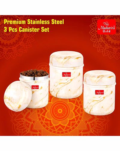 Maahavira Gold 3D Prisma Color Coated Stainless Steel Design Containers with Air Tight Lid Use for Dry fruits, Chocolates, Biscuits, Tea, Sugar &amp; Coffee, Set of 3 - White Cream-2