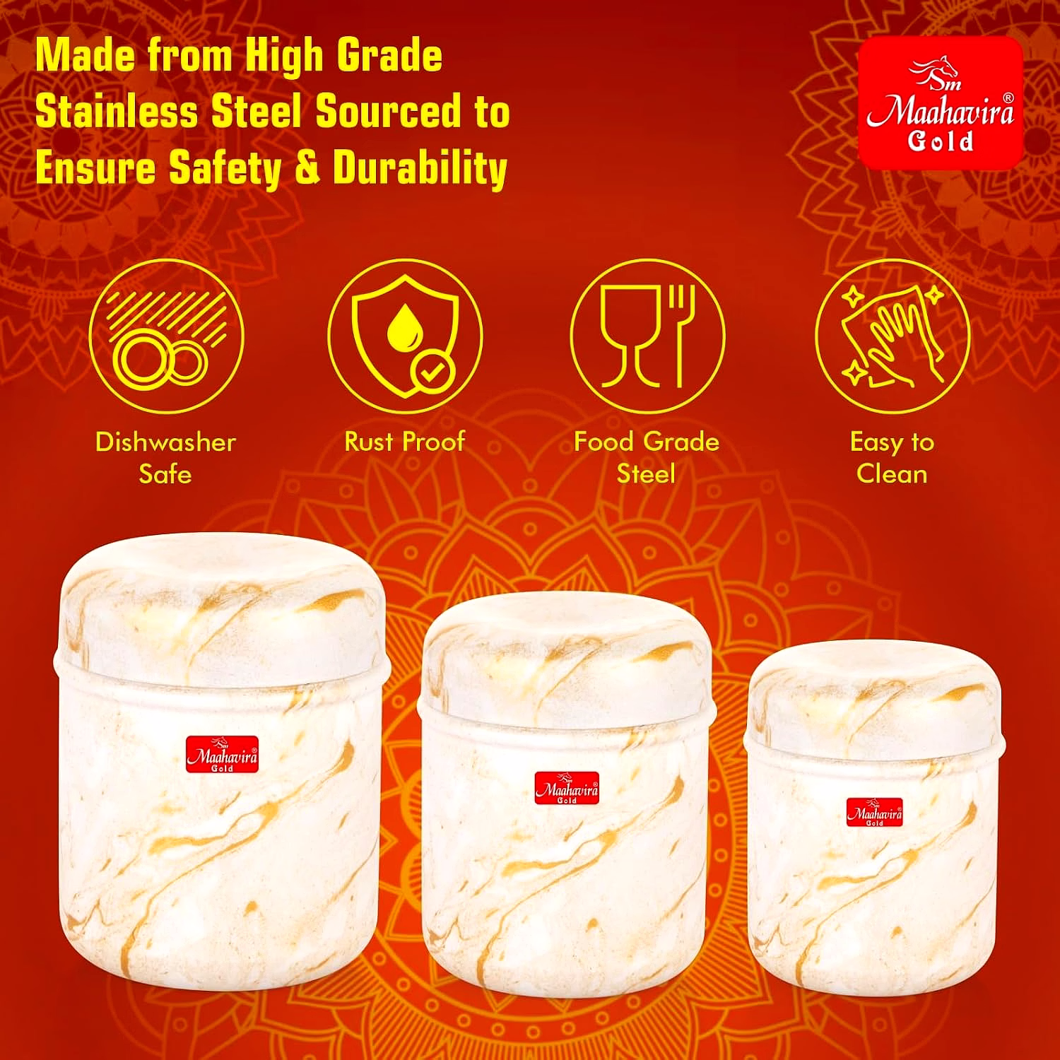 Maahavira Gold 3D Prisma Color Coated Stainless Steel Design Containers with Air Tight Lid Use for Dry fruits, Chocolates, Biscuits, Tea, Sugar & Coffee, Set of 3 - White Cream image 4