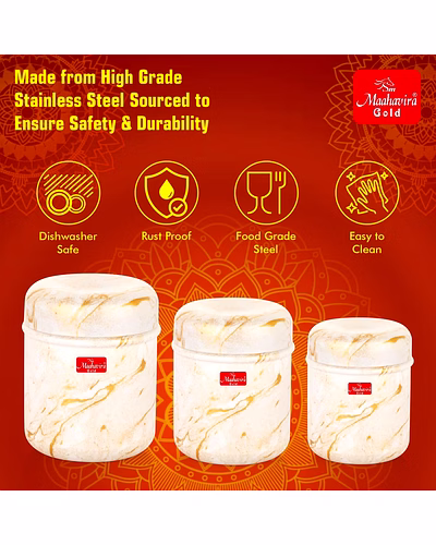 Maahavira Gold 3D Prisma Color Coated Stainless Steel Design Containers with Air Tight Lid Use for Dry fruits, Chocolates, Biscuits, Tea, Sugar &amp; Coffee, Set of 3 - White Cream-3