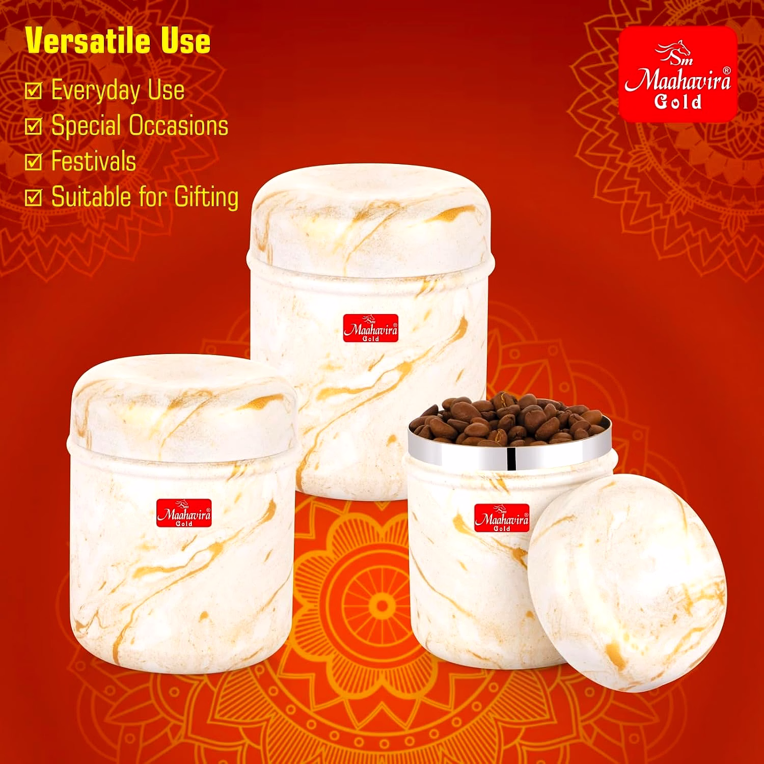 Maahavira Gold 3D Prisma Color Coated Stainless Steel Design Containers with Air Tight Lid Use for Dry fruits, Chocolates, Biscuits, Tea, Sugar & Coffee, Set of 3 - White Cream image 6